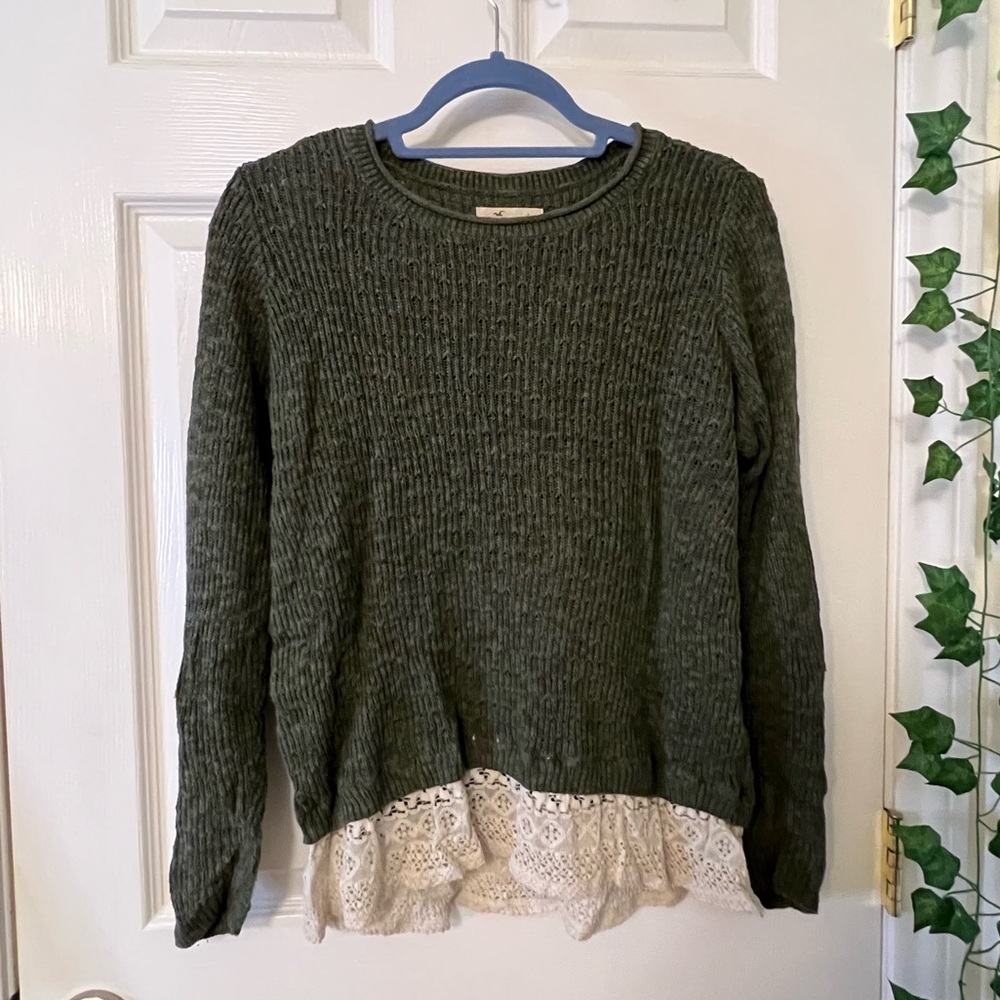 Green Hollister Sweater with Lace Trim